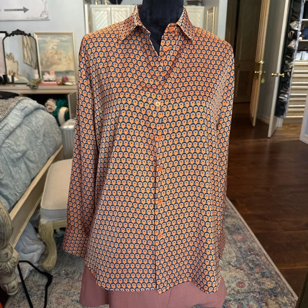 Womens Orange Geometric Button-Down Shirt - Picture 3 of 4